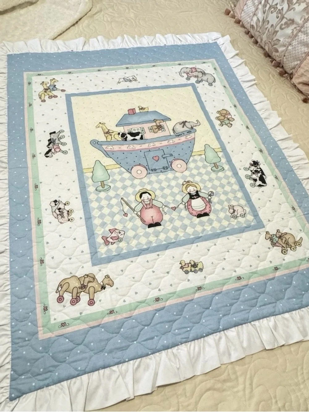 Vintage Handmade Noah’s Ark Baby Quilt, Nursery Ruffle Edge Blanket 48” x 38”